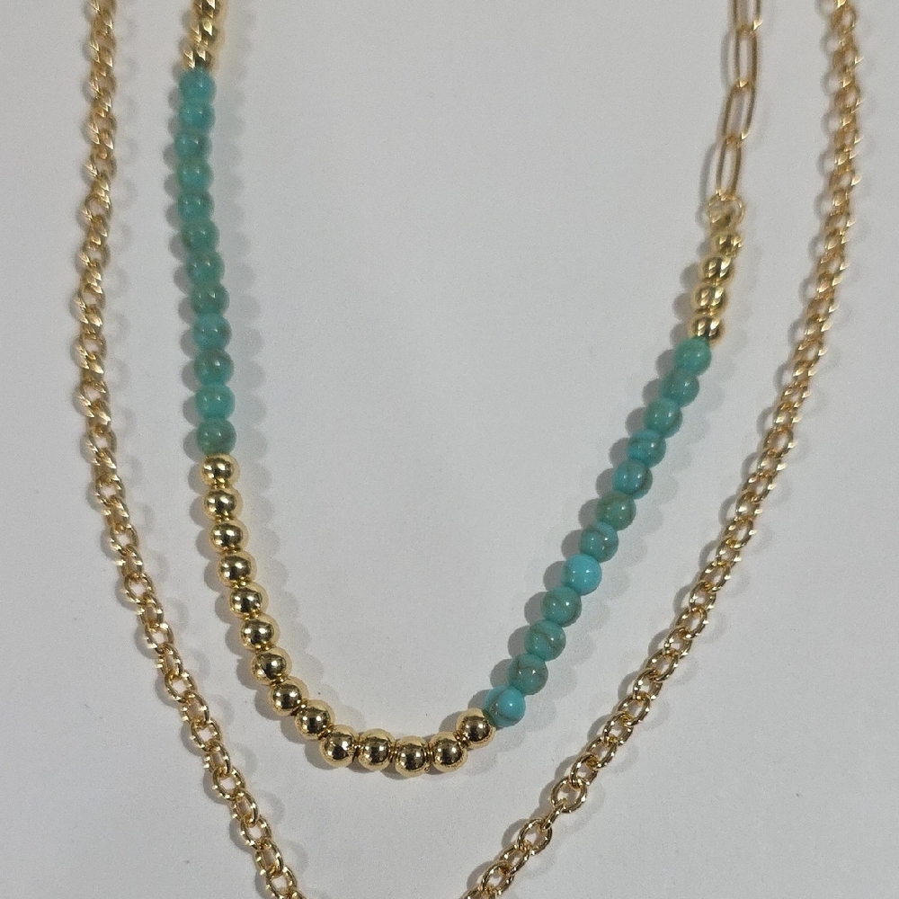 Calvin Klein Gold Plated Layered Necklace w/ Turquoise Beads & Pendant – Jewelry - Picture 6 of 9